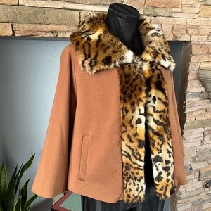 Adrienne Landau Faux Fur Leopard Cropped Jacket Old Hollywood Glam Brown Black M